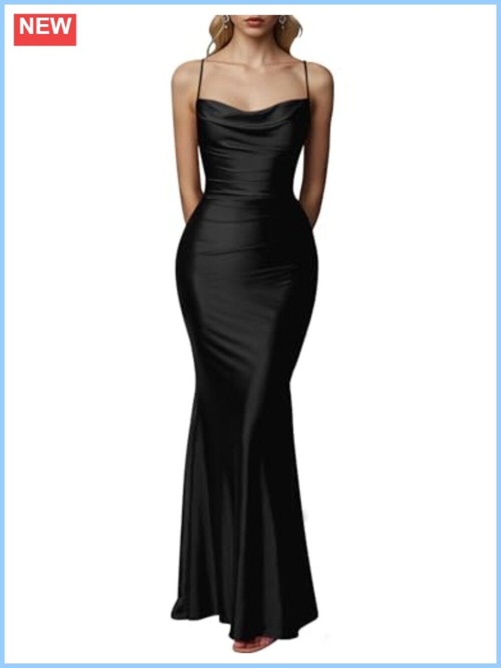 Satin Cowl Neck Spaghetti Strap Mermaid Maxi Formal Evening Dress